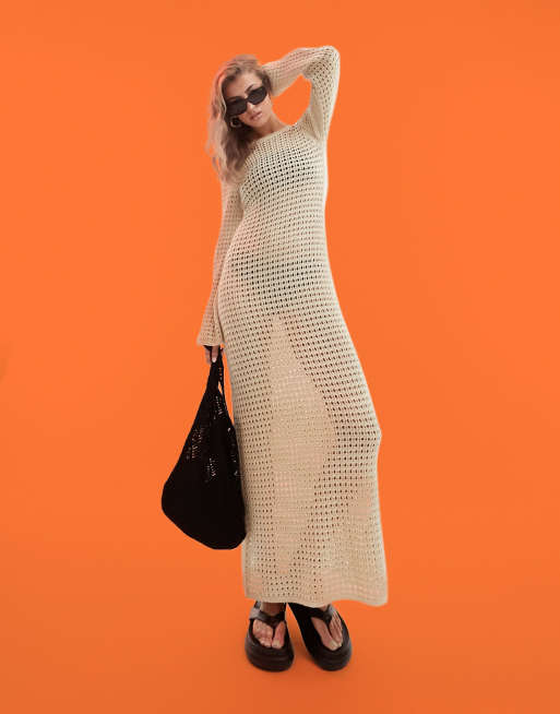ASOS DESIGN - Vestito lungo all'uncinetto color crema con schiena scoperta