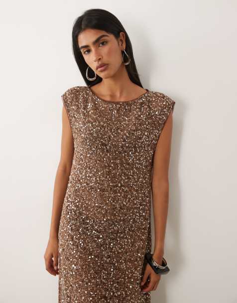 ASOS DESIGN - Vestito lungo all'uncinetto trasparente con paillettes marrone - view 1