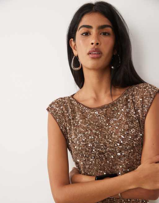 ASOS DESIGN - Vestito lungo all'uncinetto trasparente con paillettes marrone, 2 di 4