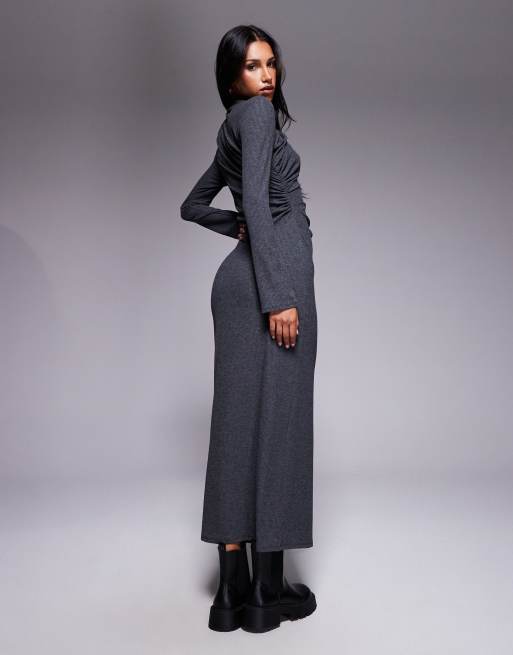 ASOS DESIGN - Vestito lungo antracite a coste con drappeggio, 4 di 4