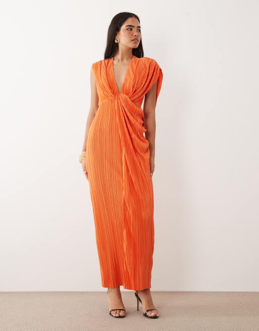 ASOS DESIGN - Vestito lungo arancione plissé allacciato al collo con dettaglio drappeggiato, 1 di 4