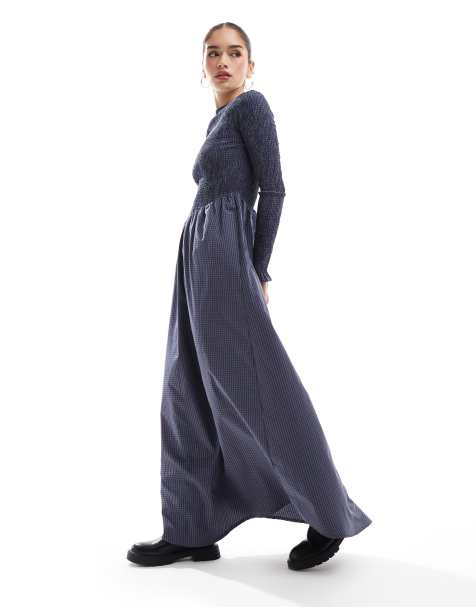 ASOS DESIGN - Vestito lungo arricciato a quadri misti marroni - view 1