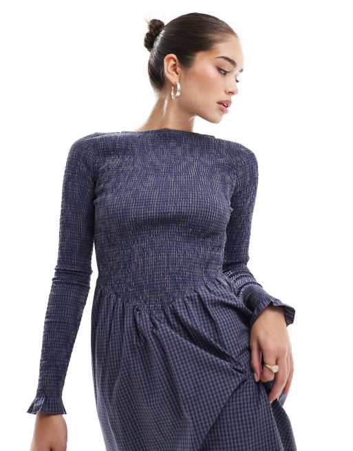 ASOS DESIGN - Vestito lungo arricciato a quadri misti marroni, 2 di 4