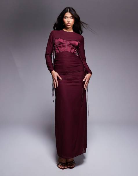 ASOS DESIGN - Vestito lungo arricciato bordeaux a maniche lunghe con corsetto in raso - view 1