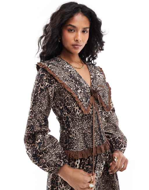 ASOS DESIGN - Vestito lungo arricciato in vita con colletto e stampa leopardata, 2 di 4