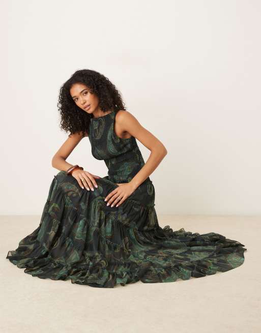 ASOS DESIGN - Vestito lungo arricciato verde con stampa cachemire e scollo a barchetta, 2 di 4