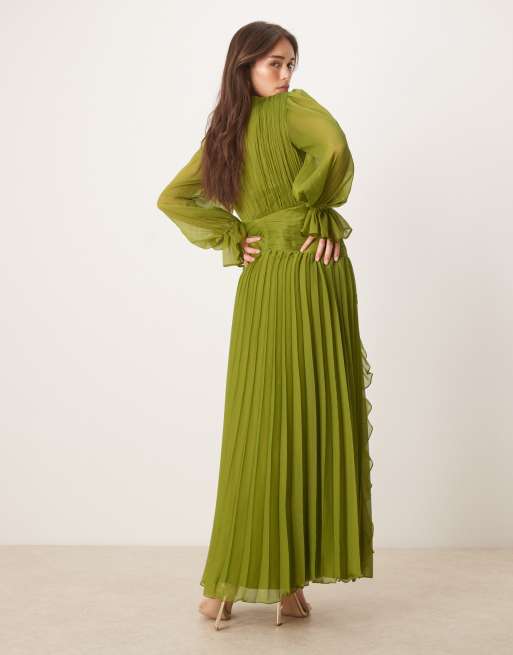 ASOS DESIGN - Vestito lungo arricciato verde oliva accollato con cintura, 3 di 4