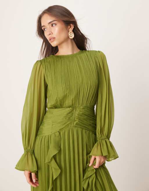 ASOS DESIGN - Vestito lungo arricciato verde oliva accollato con cintura, 4 di 4