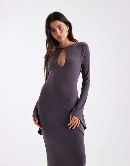 ASOS DESIGN - Vestito lungo asimmetrico antracite con maniche a pipistrello, 4 di 4