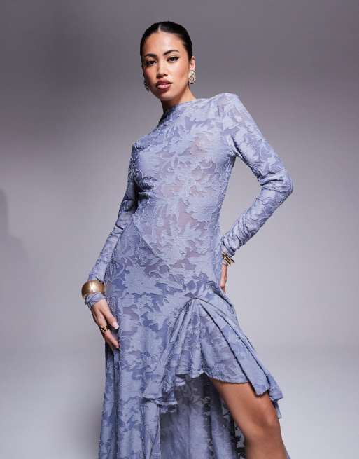 ASOS DESIGN - Vestito lungo asimmetrico aperto dietro blu dévoré, 4 di 4