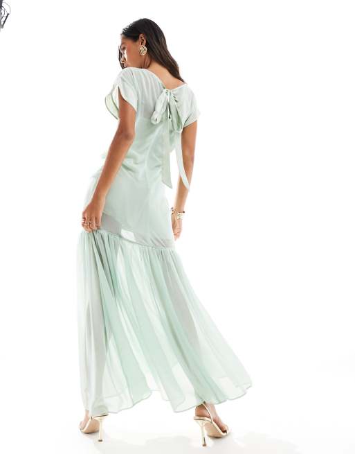ASOS DESIGN - Vestito lungo asimmetrico color menta con fascia a contrasto, 4 di 4