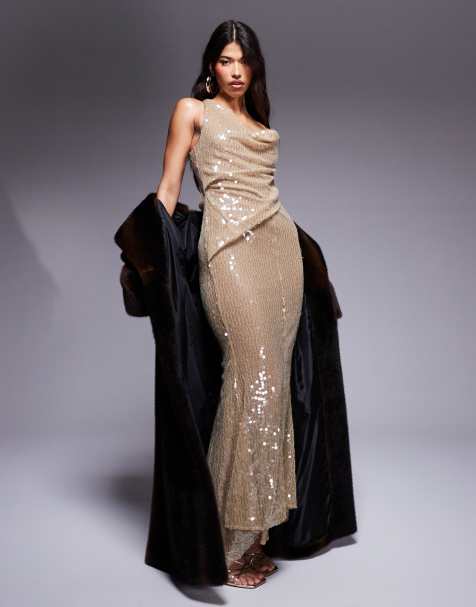 ASOS DESIGN - Vestito lungo asimmetrico drappeggiato in maglia metallica color oro con paillettes - view 1