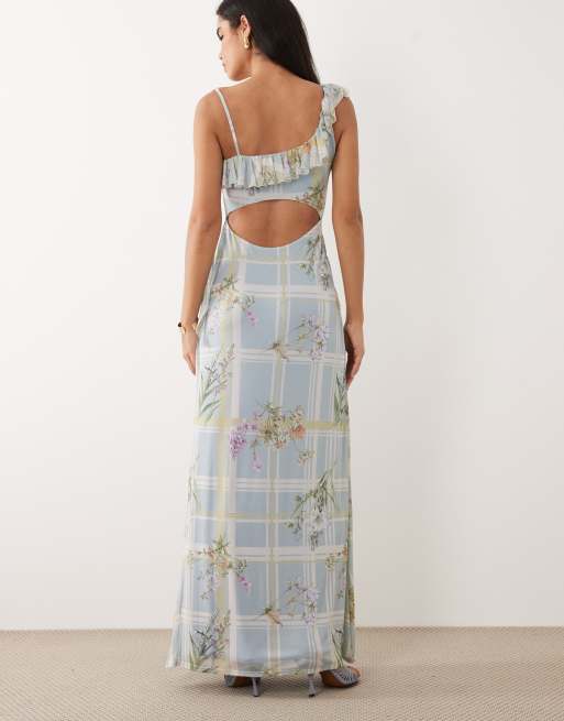 ASOS DESIGN - Vestito lungo asimmetrico in rete a fiori e a quadri blu con volant e laccetti, 3 di 4