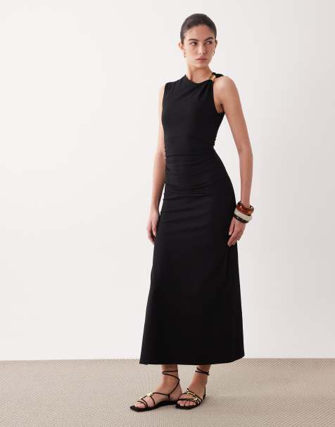 ASOS DESIGN - Vestito lungo asimmetrico nero con dettagli in metallo dorato - view 1