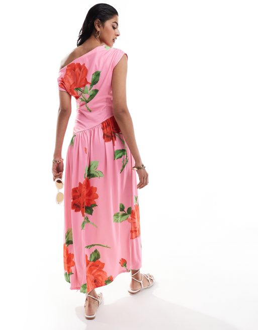 ASOS DESIGN - Vestito lungo asimmetrico rosa con stampa di rose e vita scesa, 4 di 4