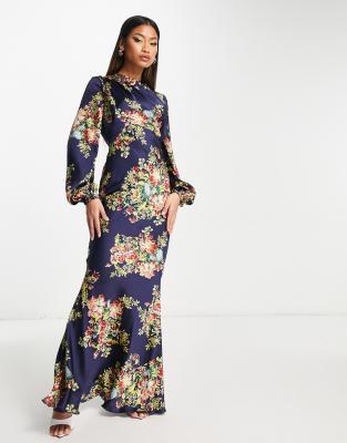ASOS DESIGN - Vestito lungo avvolgente sul collo con taglio sbieco blu navy a fiori