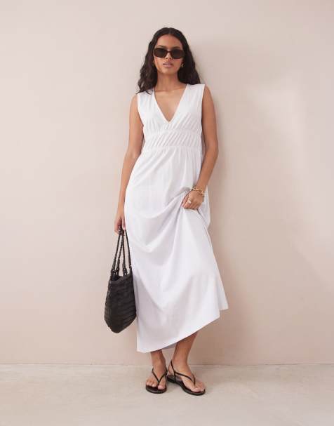 ASOS DESIGN - Vestito lungo bianco con corpino arricciato e scollo profondo - view 1