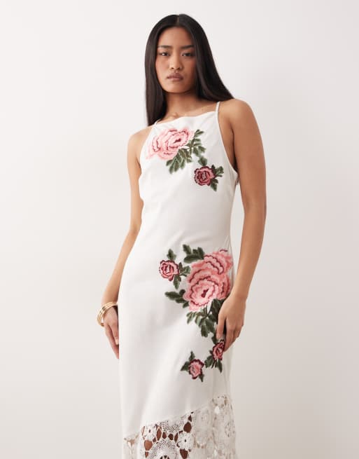 ASOS DESIGN - Vestito lungo bianco con scollo a vogatore e orlo all'uncinetto ricamato, 4 di 4