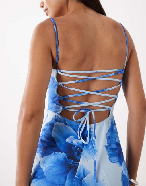 ASOS DESIGN - Vestito lungo blu a fiori con scollo squadrato e allacciatura sul retro, 2 di 4