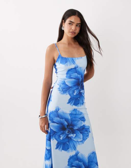 ASOS DESIGN - Vestito lungo blu a fiori con scollo squadrato e allacciatura sul retro, 3 di 4