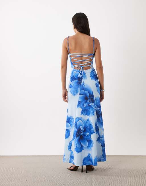 ASOS DESIGN - Vestito lungo blu a fiori con scollo squadrato e allacciatura sul retro, 4 di 4