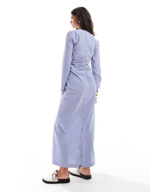ASOS DESIGN - Vestito lungo blu a righe arricciato sul davanti con coulisse, 4 di 4