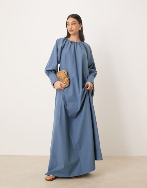 ASOS DESIGN - Vestito lungo blu acciaio con polsini lunghi - view 1