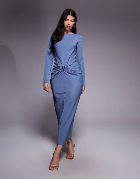 ASOS DESIGN - Vestito lungo blu con gonna drappeggiata e finiture dorate - view 1