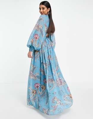 ASOS DESIGN - Vestito lungo blu con maniche a campana e stampa cachemire  donna Blu - immagine1