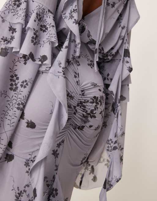 ASOS DESIGN - Vestito lungo blu con stampa a fiorellini, maniche con volant oversize e gonna con volant a cascata, 2 di 4