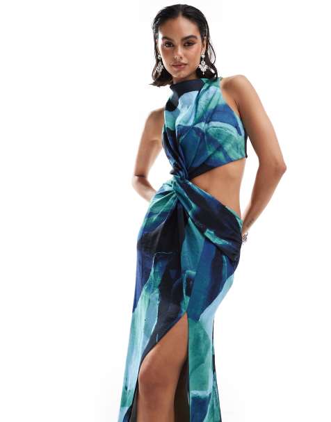 ASOS DESIGN - Vestito lungo blu con stampa astratta, scollo a vogatore e dettaglio intrecciato in vita - view 1