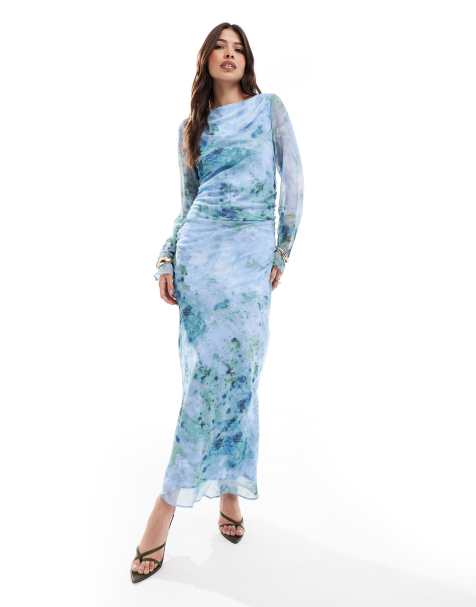 ASOS DESIGN - Vestito lungo blu con stampa effetto marmo e maniche arricciate - view 1