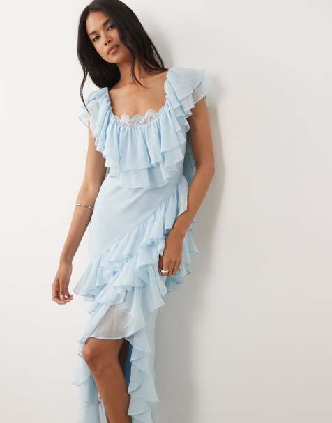 ASOS DESIGN - Vestito lungo blu crepuscolare con volant e finiture in pizzo - view 1