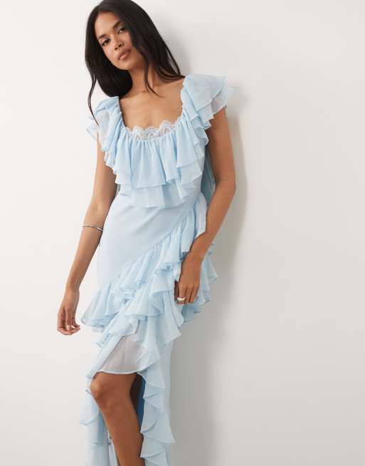 ASOS DESIGN - Vestito lungo blu crepuscolare con volant e finiture in pizzo, 2 di 4