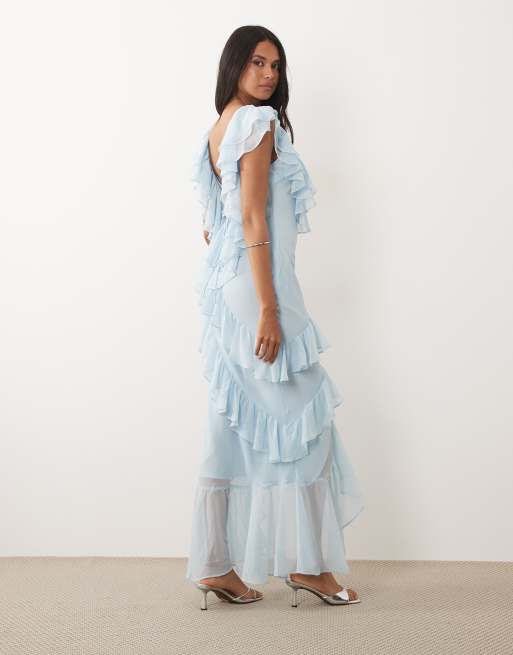 ASOS DESIGN - Vestito lungo blu crepuscolare con volant e finiture in pizzo, 4 di 4