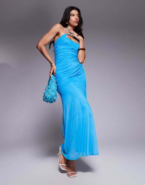 ASOS DESIGN - Vestito lungo blu in rete con arricciatura sul retro e spalline sottili asimmetriche - view 1