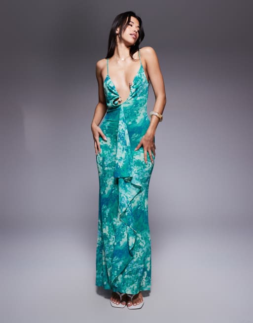 ASOS DESIGN - Vestito lungo blu in rete con stampa, volant e dettaglio in metallo