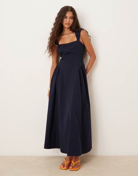 ASOS DESIGN - Vestito lungo blu navy con dettaglio in vita e maniche ad aletta arricciate - view 1