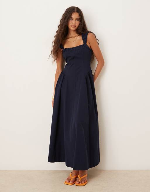 ASOS DESIGN - Vestito lungo blu navy con dettaglio in vita e maniche ad aletta arricciate