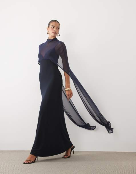 ASOS DESIGN - Vestito lungo blu navy con mantella oversize - view 1