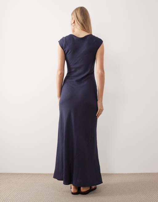 ASOS DESIGN - Vestito lungo blu navy con scollo rotondo e taglio sbieco, 4 di 4