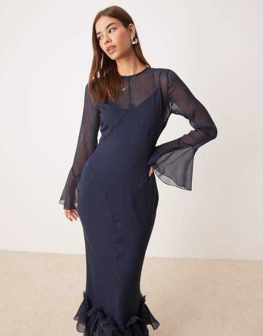 ASOS DESIGN - Vestito lungo blu navy con volant sulle maniche e sul fondo, 3 di 4