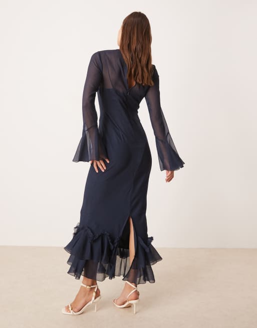 ASOS DESIGN - Vestito lungo blu navy con volant sulle maniche e sul fondo, 4 di 4