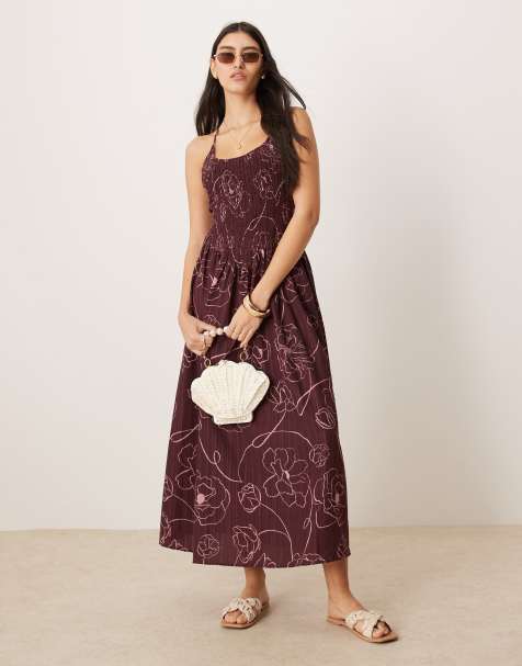 ASOS DESIGN - Vestito lungo bordeaux a fiori stropicciato con incrocio sul retro e scollo rotondo - view 1