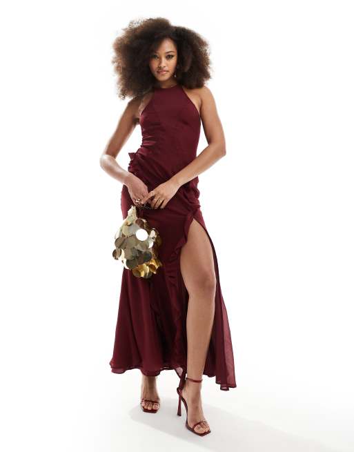 ASOS DESIGN Vestito lungo bordeaux accollato con taglio sbieco e volant
