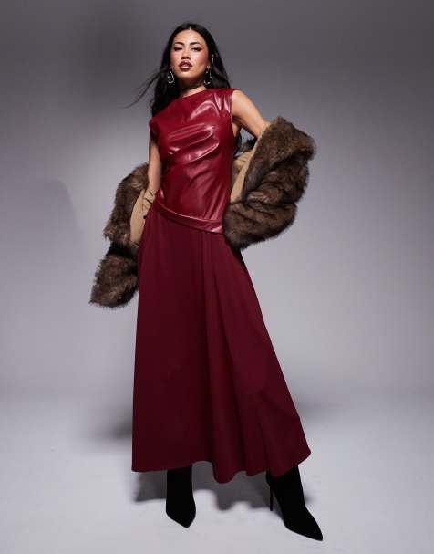 ASOS DESIGN - Vestito lungo bordeaux con corpino in similpelle PU e gonna svasata - view 1