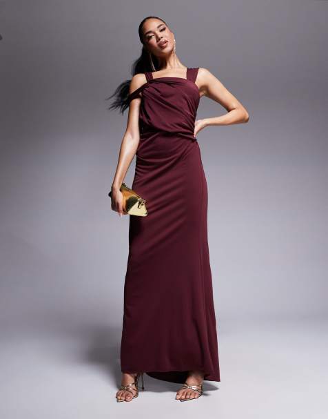 ASOS DESIGN - Vestito lungo bordeaux con spalline doppie e nodo - view 1