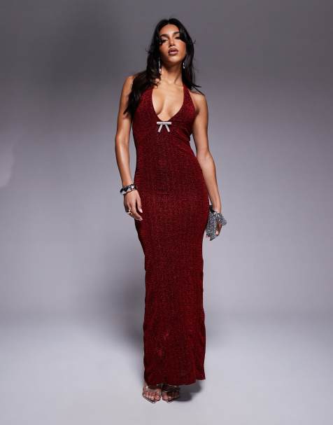 ASOS DESIGN - Vestito lungo bordeaux luccicante con scollo profondo e dettaglio con strass - view 1