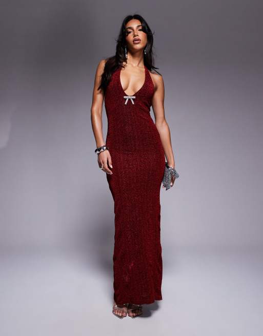 ASOS DESIGN - Vestito lungo bordeaux luccicante con scollo profondo e dettaglio con strass