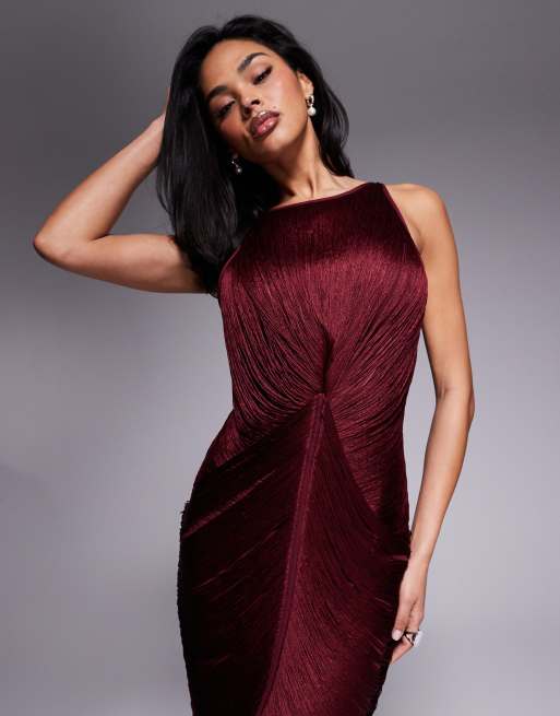 ASOS DESIGN Vestito lungo bordeaux scuro drappeggiato con frange